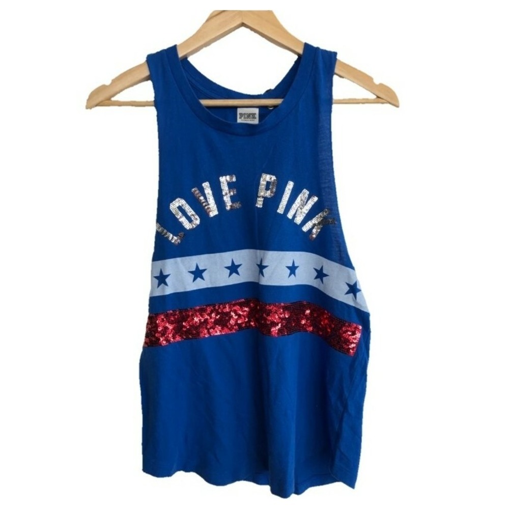 PINK Victoria's Secret Blue Sequin Stars Stripes Muscle Tank Top Americana